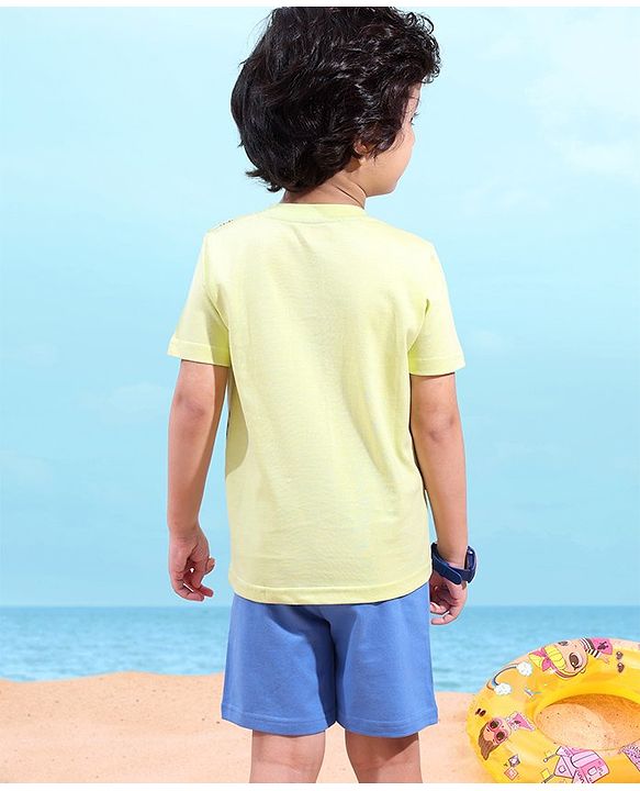 Babyhug Cotton Knit Half Sleeves T-Shirt & Short Set Beach Print - Green & Blue