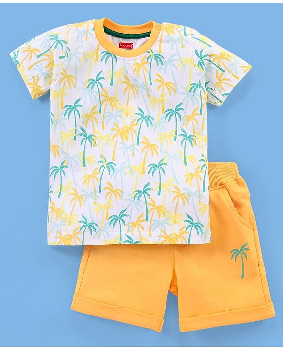 Babyhug 100% Cotton Knit Half Sleeves T-Shirt & Shorts Palm Tree Print - White & Mustard Yellow
