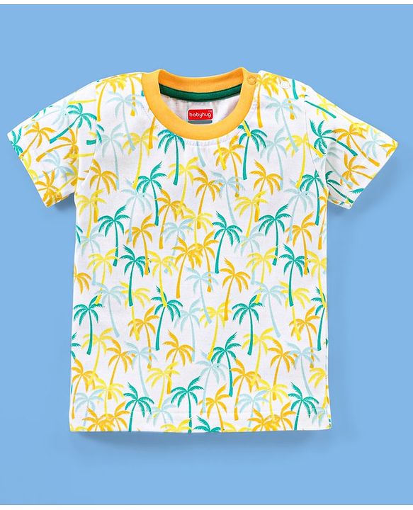 Babyhug 100% Cotton Knit Half Sleeves T-Shirt & Shorts Palm Tree Print - White & Mustard Yellow
