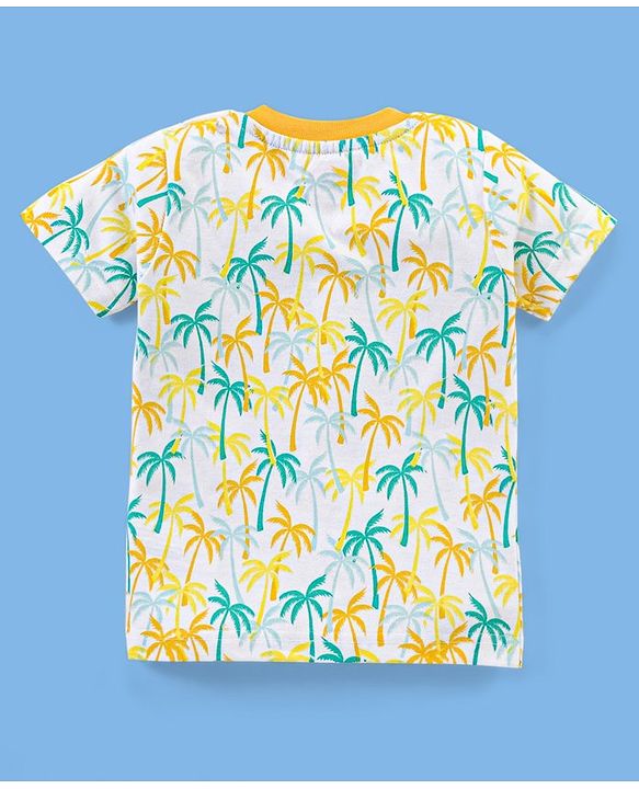 Babyhug 100% Cotton Knit Half Sleeves T-Shirt & Shorts Palm Tree Print - White & Mustard Yellow