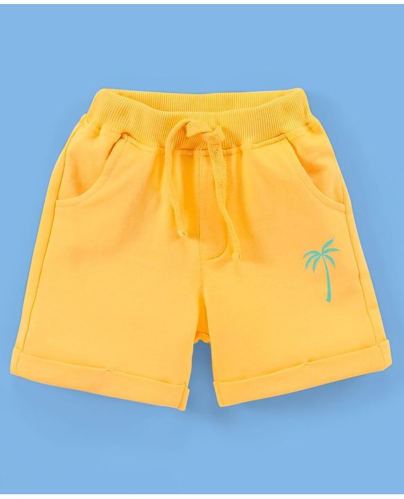 Babyhug 100% Cotton Knit Half Sleeves T-Shirt & Shorts Palm Tree Print - White & Mustard Yellow