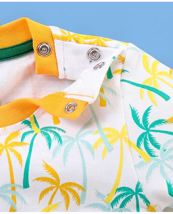 Babyhug 100% Cotton Knit Half Sleeves T-Shirt & Shorts Palm Tree Print - White & Mustard Yellow