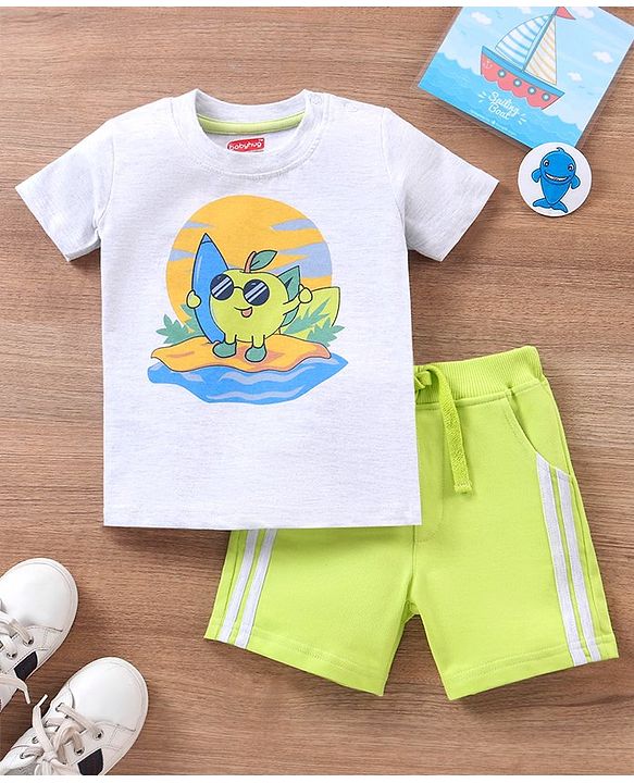 Babyhug Cotton Half Sleeves T-Shirt & Shorts Set Stripes & Apple Print- Ecru Melange Green