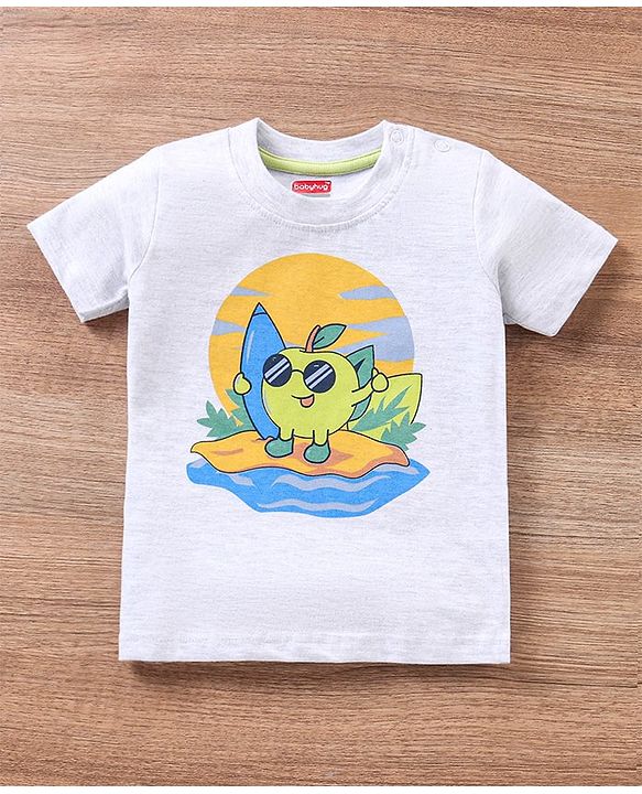 Babyhug Cotton Half Sleeves T-Shirt & Shorts Set Stripes & Apple Print- Ecru Melange Green