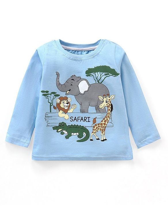 Babyhug Cotton Full Sleeves Animals Print T-Shirt - Blue