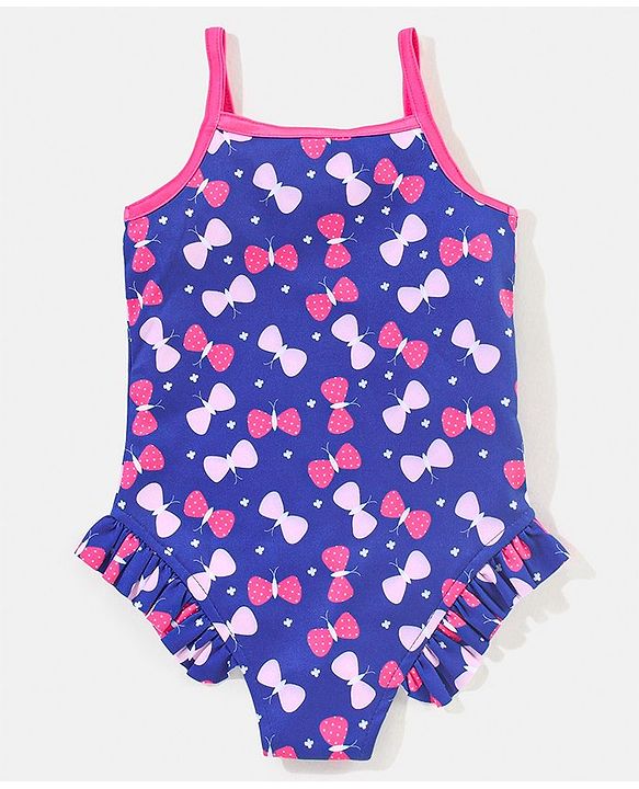Babyhug Sleeveless V Cut Swimsuit Butterfly Print- Blue & Pink
