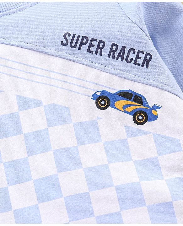 Babyhug Cotton Full Sleeves Looper Fabric Checks & Car Print T-Shirt - Blue