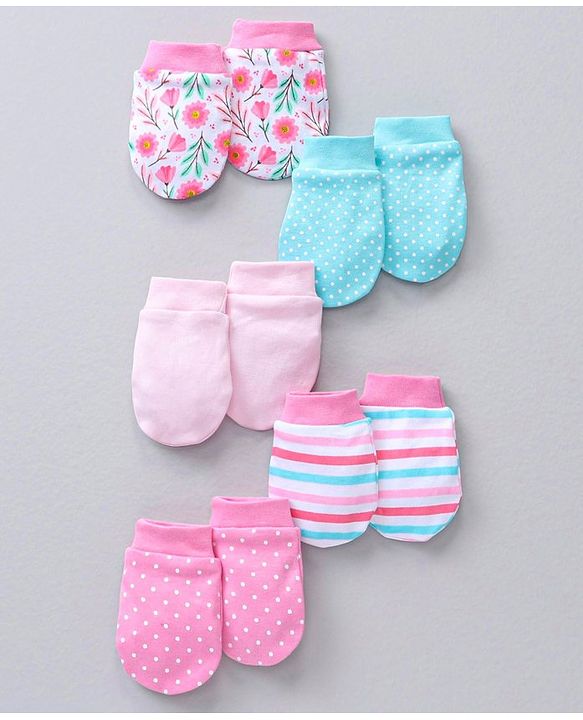 Babyhug 100% Cotton Mittens Striped & Floral Print Pack Of 5 - Multicolor