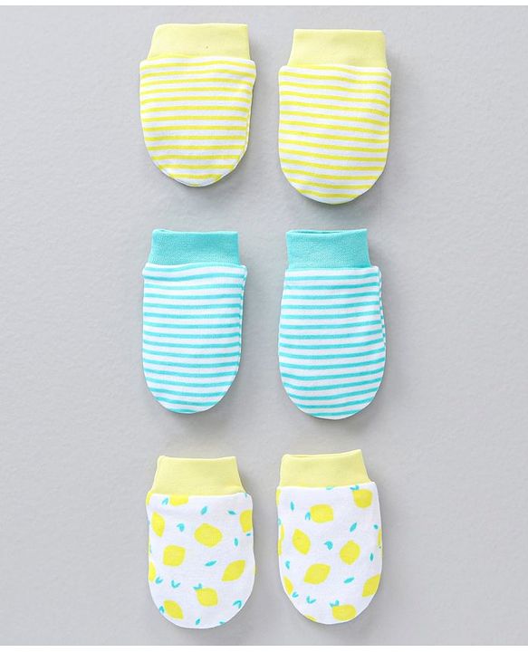 Babyhug 100% Cotton Mittens Striped & Lemon Print Pack Of 3 - Multicolor