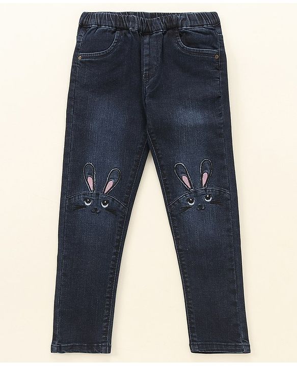 Babyhug Cotton Lycra Full Length Jeggings Bunny Print - Blue
