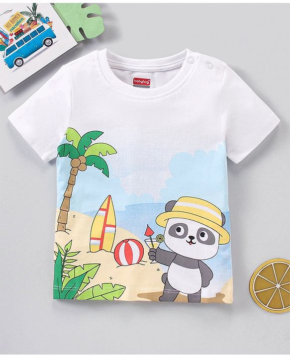Babyhug Cotton Half Sleeves T-Shirt Panda Print - White and Blue