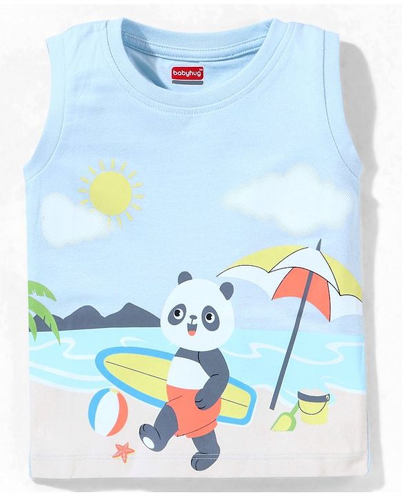 Babyhug Cotton Jersey Sleeveless T-Shirt Panda Print - Blue