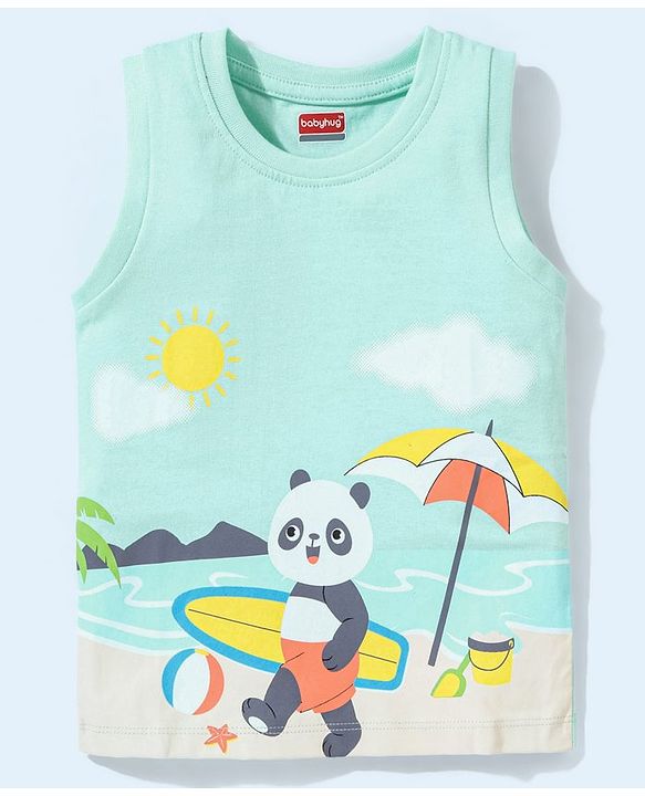 Babyhug Cotton Half Sleeves T-Shirt Panda Print - Mint Green