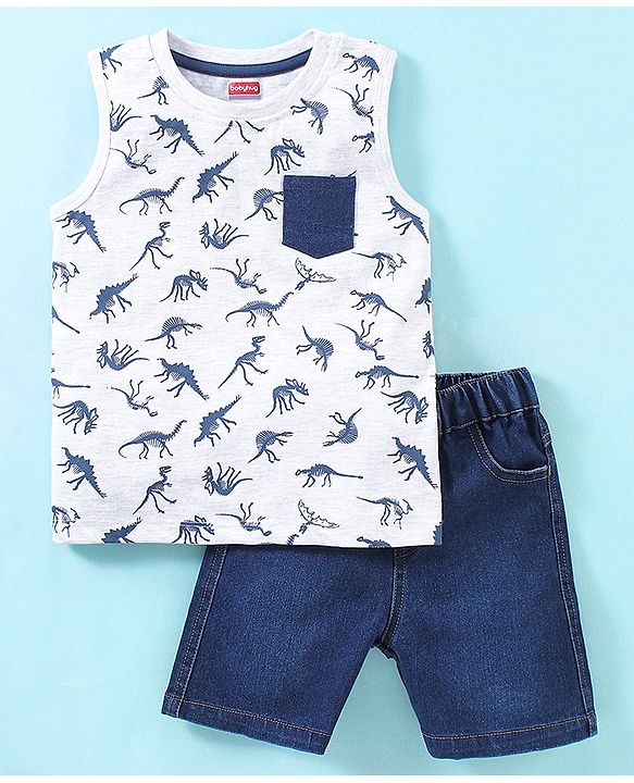 Babyhug Cotton Knit Sleeveless T-Shirt & Denim Shorts Dino Print - Ecru Melange & Blue