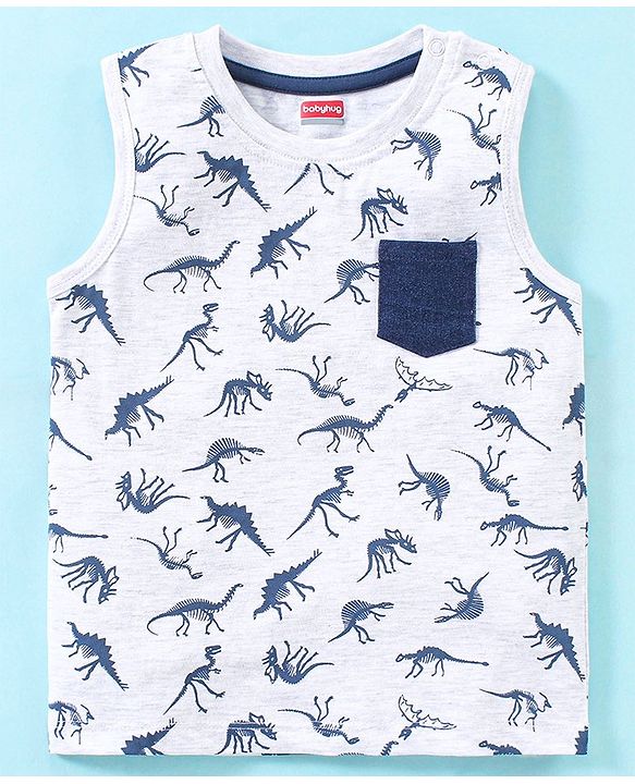 Babyhug Cotton Knit Sleeveless T-Shirt & Denim Shorts Dino Print - Ecru Melange & Blue
