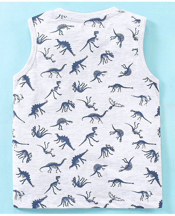 Babyhug Cotton Knit Sleeveless T-Shirt & Denim Shorts Dino Print - Ecru Melange & Blue