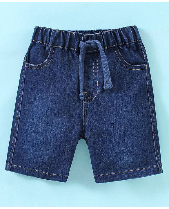 Babyhug Cotton Knit Sleeveless T-Shirt & Denim Shorts Dino Print - Ecru Melange & Blue