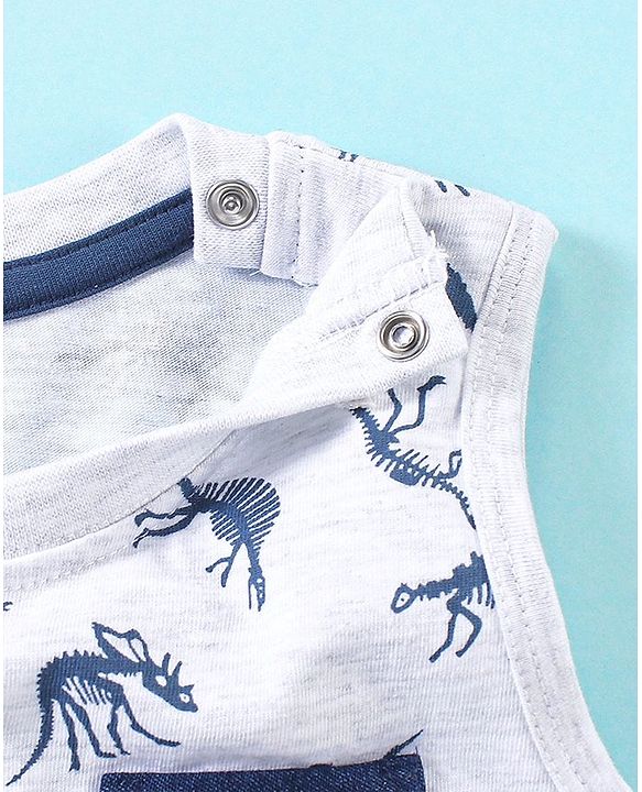 Babyhug Cotton Knit Sleeveless T-Shirt & Denim Shorts Dino Print - Ecru Melange & Blue