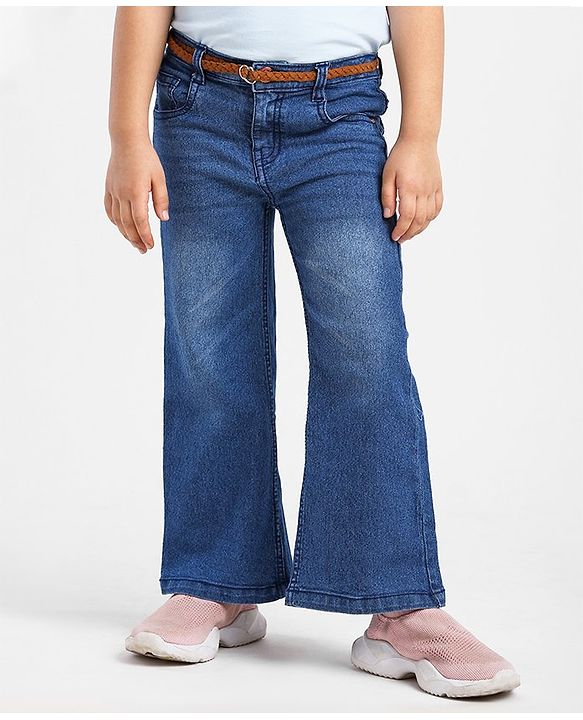 Babyhug Cotton Washed Denim Solid Full Length Jeans With Belt- Blue