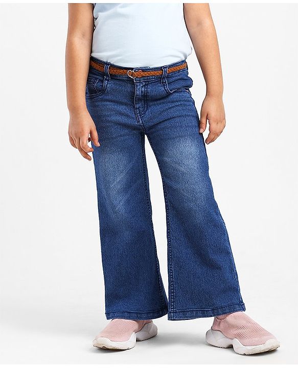 Babyhug Cotton Washed Denim Solid Full Length Jeans With Belt- Blue