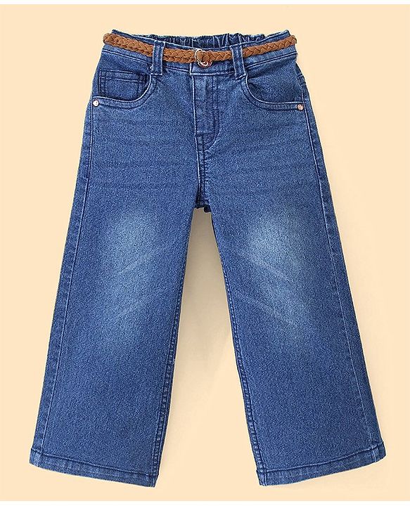 Babyhug Cotton Washed Denim Solid Full Length Jeans With Belt- Blue