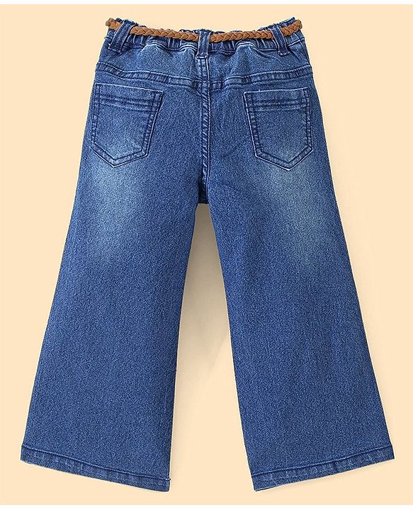 Babyhug Cotton Washed Denim Solid Full Length Jeans With Belt- Blue