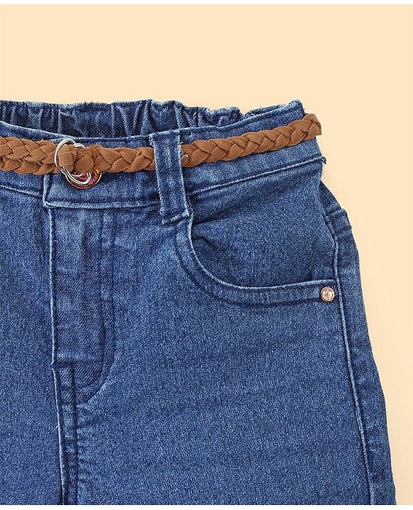 Babyhug Cotton Washed Denim Solid Full Length Jeans With Belt- Blue