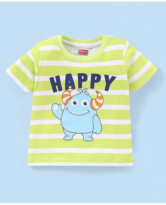 Babyhug 100% Cotton Woven Half Sleeves T-Shirt & Denim Shorts Set Stripes & Monster Print - Green & Blue