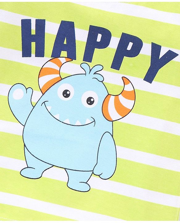 Babyhug 100% Cotton Woven Half Sleeves T-Shirt & Denim Shorts Set Stripes & Monster Print - Green & Blue