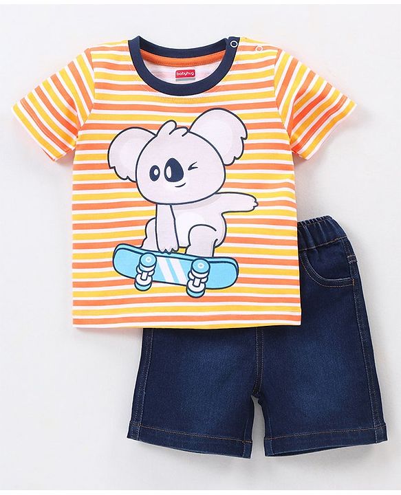 Babyhug Cotton Knit Half Sleeves Striped T-Shirt & Denim Shorts Set Skating Koala Print - Orange Yellow & Blue
