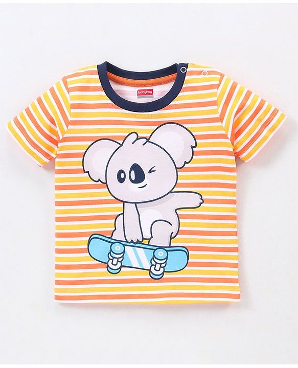 Babyhug Cotton Knit Half Sleeves Striped T-Shirt & Denim Shorts Set Skating Koala Print - Orange Yellow & Blue