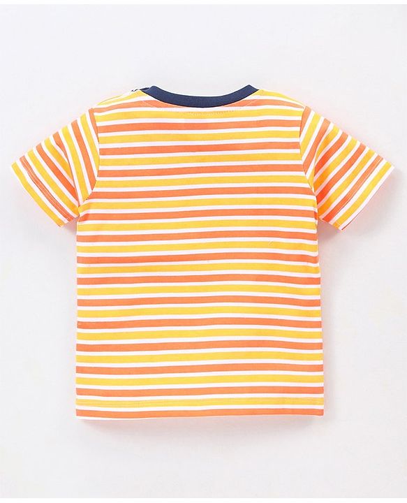 Babyhug Cotton Knit Half Sleeves Striped T-Shirt & Denim Shorts Set Skating Koala Print - Orange Yellow & Blue