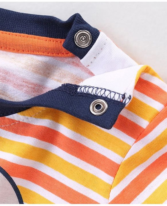 Babyhug Cotton Knit Half Sleeves Striped T-Shirt & Denim Shorts Set Skating Koala Print - Orange Yellow & Blue