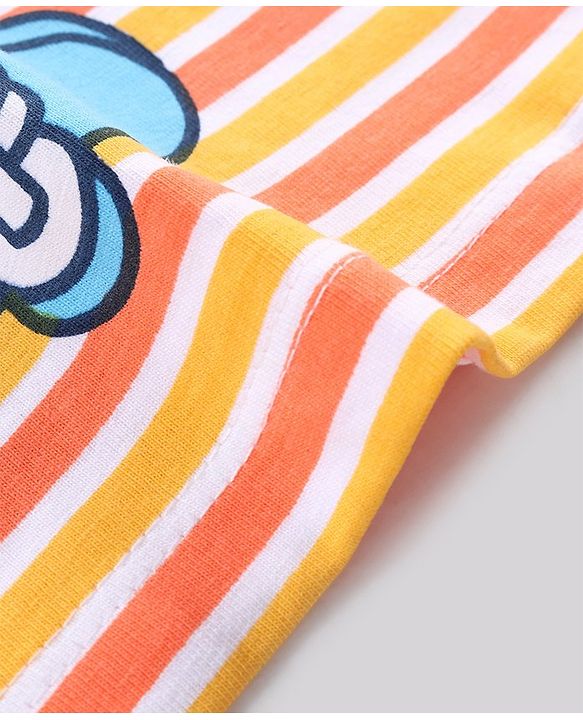 Babyhug Cotton Knit Half Sleeves Striped T-Shirt & Denim Shorts Set Skating Koala Print - Orange Yellow & Blue