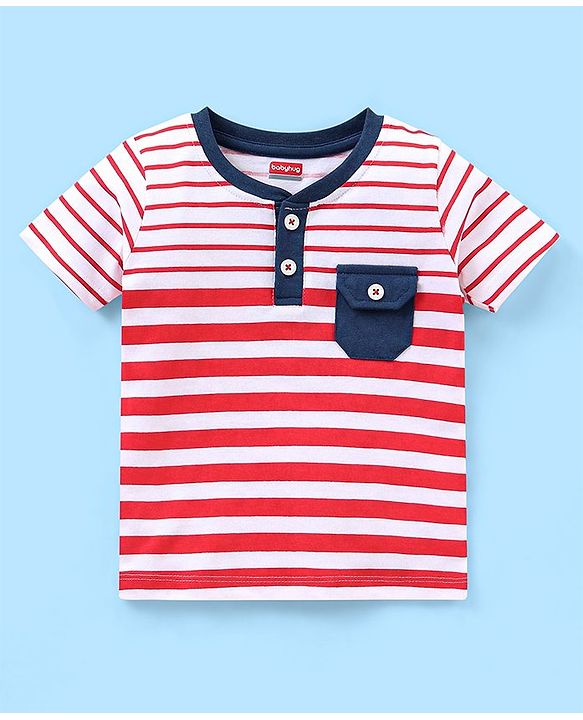 Babyhug Cotton Half Sleeves T-Shirt and Knee Length Shorts Striped - Red & Blue
