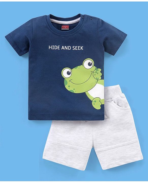 Babyhug Cotton Half Sleeves T-Shirt & Shorts Frog Print - Navy & White
