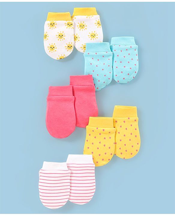 Babyhug 100% Cotton Mittens Star Print Pack Of 5 - Multicolour