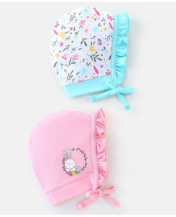 Babyhug 100% Cotton Caps Pack of 2 Floral & Bunny Print Multicolor - Diameter 12 cm