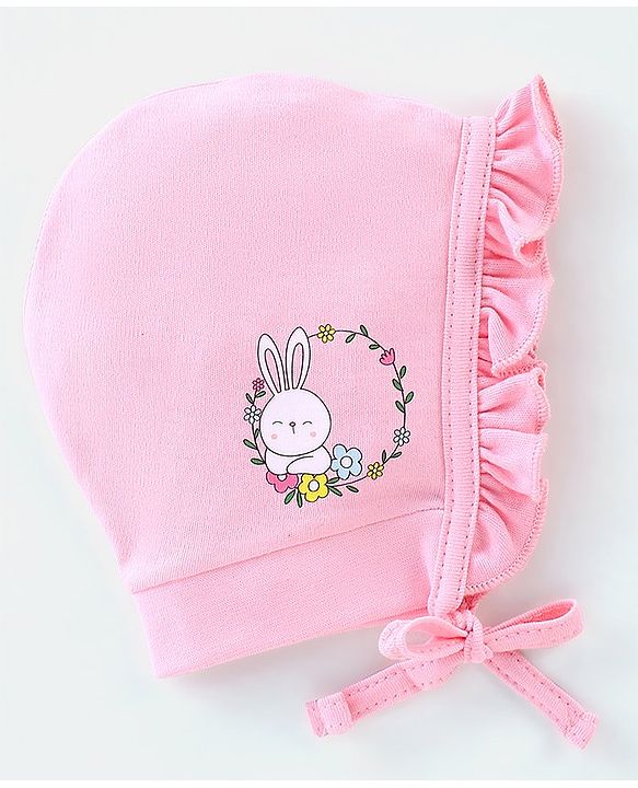Babyhug 100% Cotton Caps Pack of 2 Floral & Bunny Print Multicolor - Diameter 12 cm