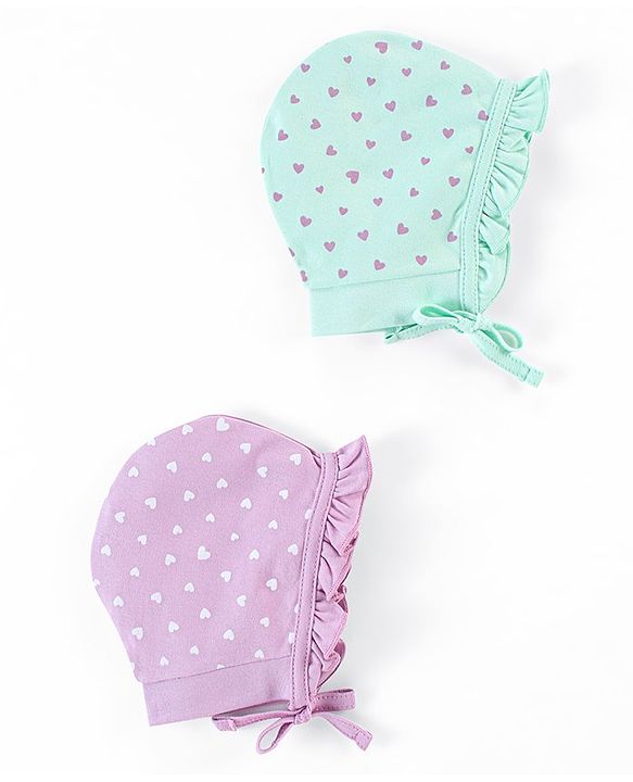 Babyhug 100% Cotton Cap Heart Print Pack of 2 Blue Purple - Diameter 12 cm