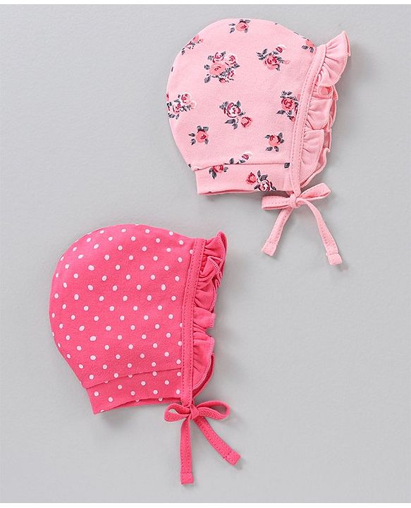 Babyhug 100% Cotton Cap Multi Print Pack of 2 Pink Red - Diameter 12 cm