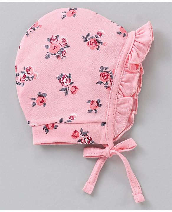 Babyhug 100% Cotton Cap Multi Print Pack of 2 Pink Red - Diameter 12 cm