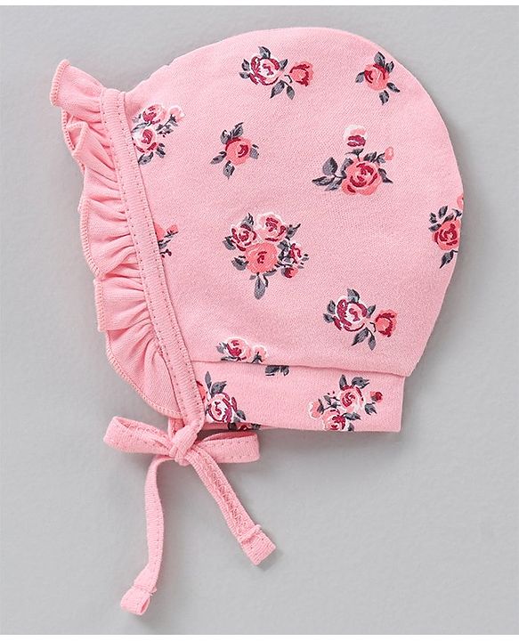 Babyhug 100% Cotton Cap Multi Print Pack of 2 Pink Red - Diameter 12 cm