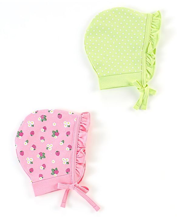 Babyhug 100% Cotton Caps Floral & Dot Print Pack of 2 Pink Green - Diameter 13 cm