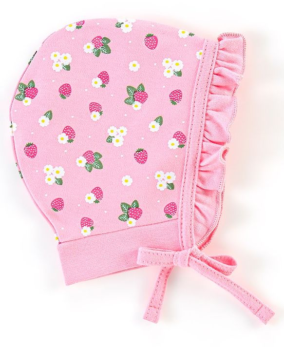 Babyhug 100% Cotton Caps Floral & Dot Print Pack of 2 Pink Green - Diameter 13 cm