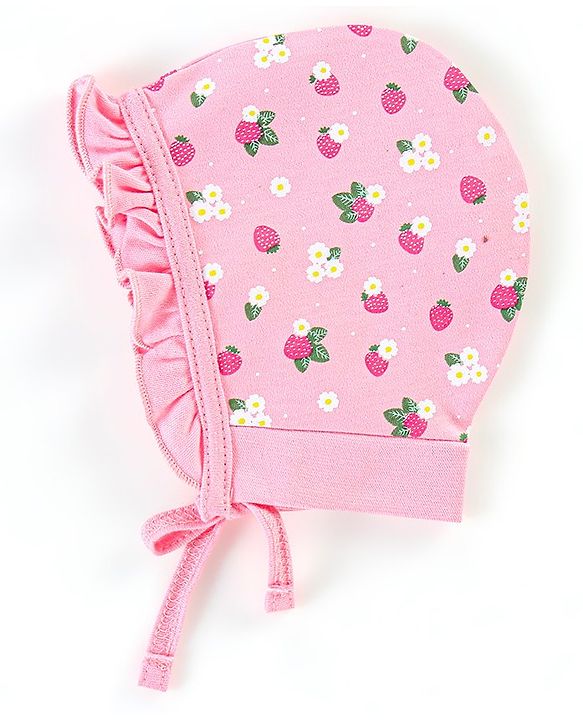 Babyhug 100% Cotton Caps Floral & Dot Print Pack of 2 Pink Green - Diameter 13 cm