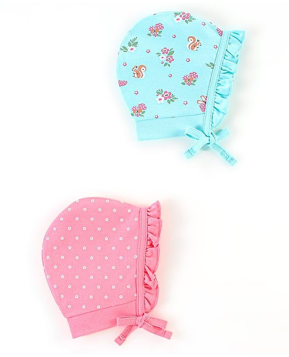 Babyhug 100% Cotton Caps Pack of 2 Floral & Squirrel Print Multicolor - Diameter 12 cm
