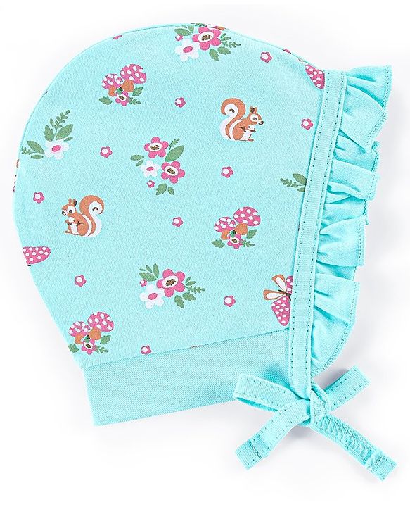 Babyhug 100% Cotton Caps Pack of 2 Floral & Squirrel Print Multicolor - Diameter 12 cm
