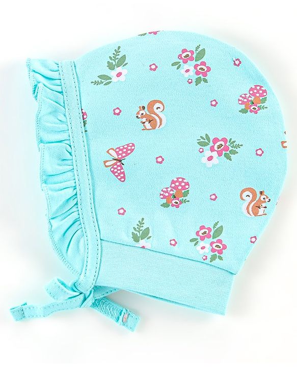 Babyhug 100% Cotton Caps Pack of 2 Floral & Squirrel Print Multicolor - Diameter 12 cm