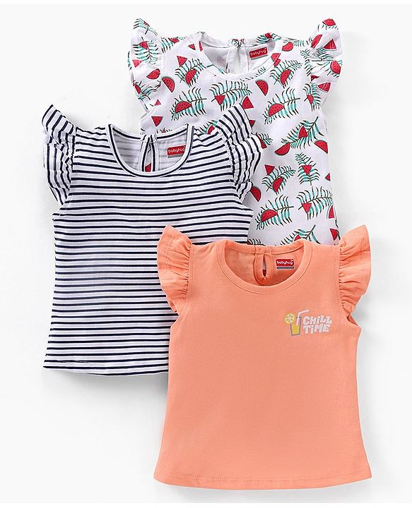 Babyhug Cotton Short Sleeves Tees with Frill Detailing and Graphics Pack of 3 - Peach